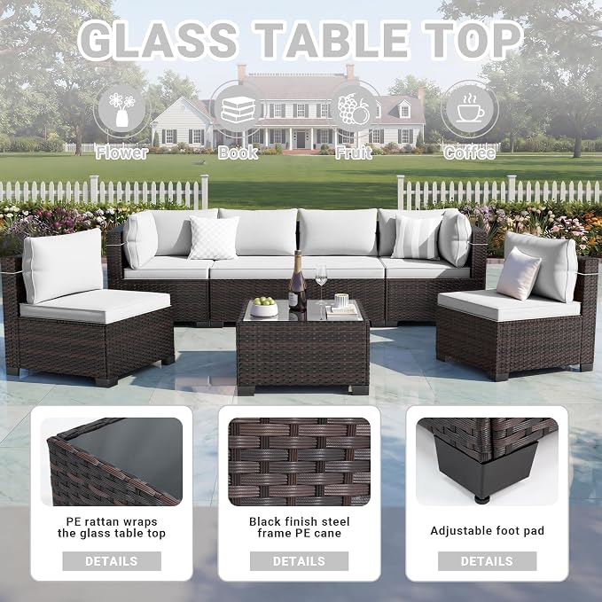 LAFWELL 7 Pieces Outdoor Patio Furniture Sets,Rattan Conversation Sectional Set,Manual Weaving Wicker Patio Sofa with Tea Table
