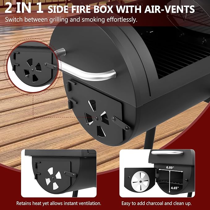 Charcoal Grill with Offset Smoker, 744.5 Sq. In. Outdoor BBQ Grill | Side fire box, 4-position adjustable charcoal pan, thermometer, warming rack, side table, wheels and storage rack