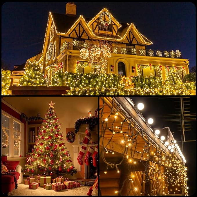 MZD8391 105FT 300LED Christmas Light, Waterproof Christmas Tree Light | Warm White, 100% UL List, 8 Light Mode,Timer/Memory, End To End Connect,Christmas String Light Oudoor Indoor Decoration
