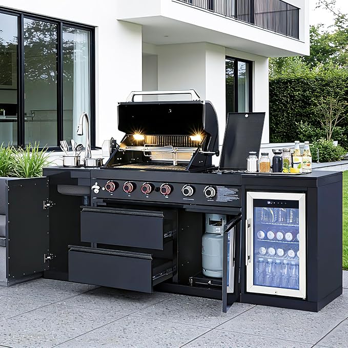 85" Outdoor Kitchen Island with Grill and Side Burner, 4-Burner 71,500 BTU Propane BBQ Island, Refrigerator, Sink & Rotisserie, for Backyard and Patio Cooking, Black