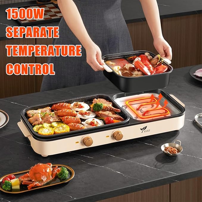 2026 Electric Hot Pot with Grill,2-10 People Indoor Hot Pot 2 in 1 Multi-function Smokeless Shabu-Shabu Hotpot Korean BBQ Grill for Simmer,Separate Dual Temperature Contral