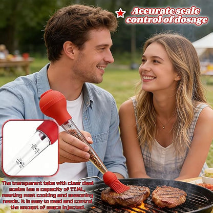 Turkey Baster with Cleaning Brush, Meat Injector Syringe with Detachable Silicone Bulb, 304 Stainless Steel Needle and Basting Brush for Roasting Chicken, 22ml Capacity (Red)