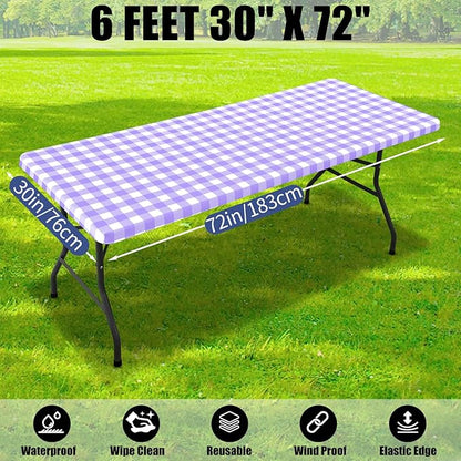 Smiry Picnic Table Cloth 2 Pack, Waterproof Elastic Fitted Tablecloths for 6FT Rectangle Tables, Washable Polyester Buffalo Plaid Tablecloth for Camping, Dining & Outdoor (Purple & White, 30" x 72")