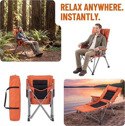 Adjustable Folding Beach Chair, Portable Camping Chair for Adults with Footrest, Reclining Outdoor Chair with Cup Holder & Pocket, Foldable Low Beach Chair for Camping, Picnic, Travel, Orange
