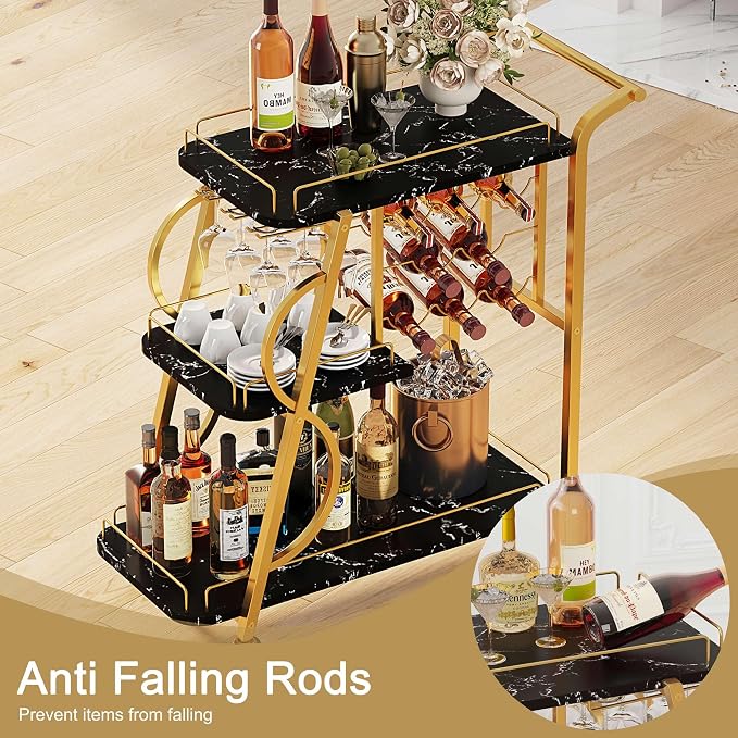 Bar Cart for Home, Home Bar Serving Cart on Wheels, 3 Tier Liquor Carts with Wine Rack and Glass Holder, Rolling Beverage Trolley (Gold & Marbleized Black)
