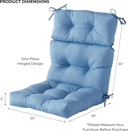 Outdoor Tufted High-Back Chair Cushions, One-Piece Hinged Seat and Back Design, Reversible with 4 Ties, Durable Polyester Fabric, Recycled Fiber Fill - Single, Denim