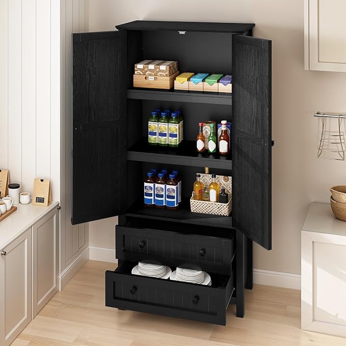 DWVO 64.5" Farmhouse Pantry Cabinet with 2 Drawers & Shelves, Oak Black | Tall Versatile Storage for Living Room, Dining Room, and Hallway