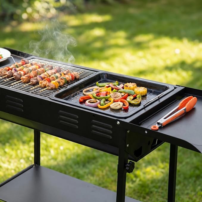 Portable Charcoal Grill, Foldable BBQ Grill for Camping, Backyard and Picnic, Adjustable Height Outdoor Charcoal Grill with Grill Grate, Griddle Pan, Side Shelves and Carry Bag, Black