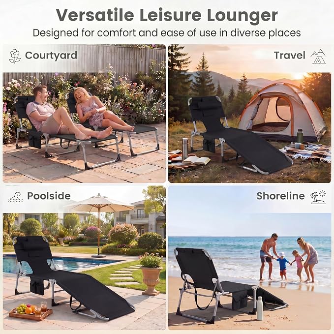 Goplus Tanning Chair, Folding Beach Lounge Chair with Face &Arm Hole, 4-Position Adjustable,Removable Pillow,Side Pocket, Sunbathing Chair, Portable Outdoor Lounge Chair for Patio Pool Lawn (1, Black)