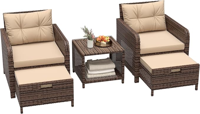 5 Piece Patio Furniture Set, PE Wicker Outdoor Furniture Set with Soft Cushions & Coffee Table, Outdoor Lounge Chairs with Ottoman for Porch, Lawn, Balcony, Beige-Brown
