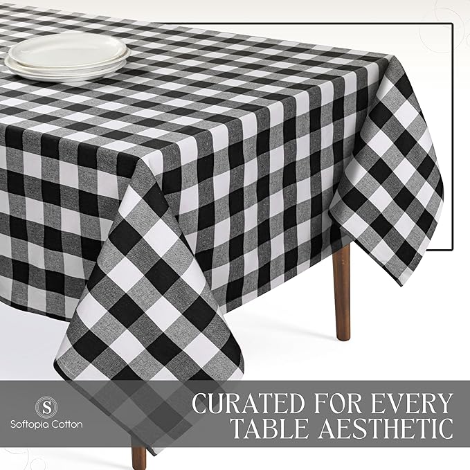 Black and White Buffalo Check Tablecloth, 60x102 Inches, Plaid Dining Table Cover, 100% Cotton, Washable, Reusable Farmhouse Table Linen for Holidays, Party, Wedding and Everyday Use
