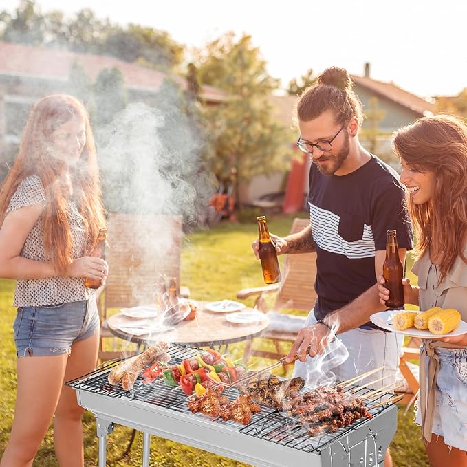 Stainless Steel BBQ Charcoal Grill, 28x 13 x 27" Portable & lFoldable Barbecue Grill, Outdoor Patio Garden Heating Smoker for Cooking Camping Hiking Picnic Garden Beach Party