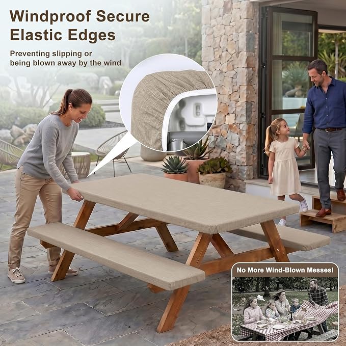 Picnic Table Cover with Bench Covers Windproof Waterproof Picnic Table Covers Camping Tablecloth with Self-Storage Bag, 72in, Light Brown