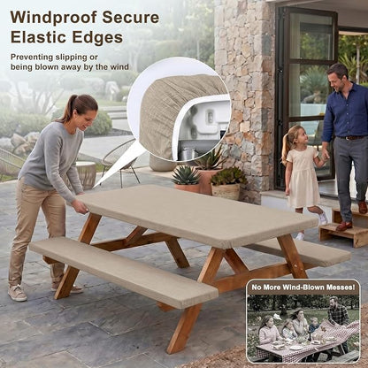 Picnic Table Cover with Bench Covers Windproof Waterproof Picnic Table Covers Camping Tablecloth with Self-Storage Bag, 72in, Light Brown