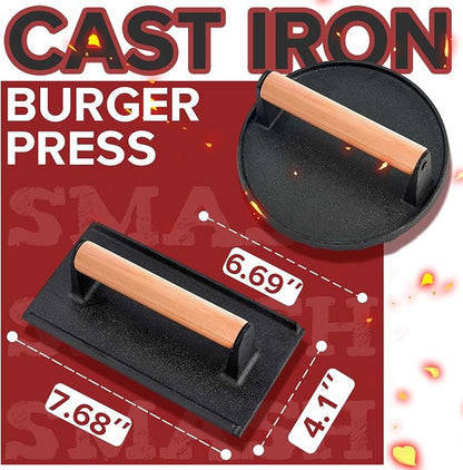 Grilliance Smash Burger Press Kit, 3 in 1 Hamburger Press Patty Maker, Black Cast Iron Burger Press Round & Rectangle, 100pcs Wax Paper for Grill, Griddle, Flat top, Kitchen, Cooking