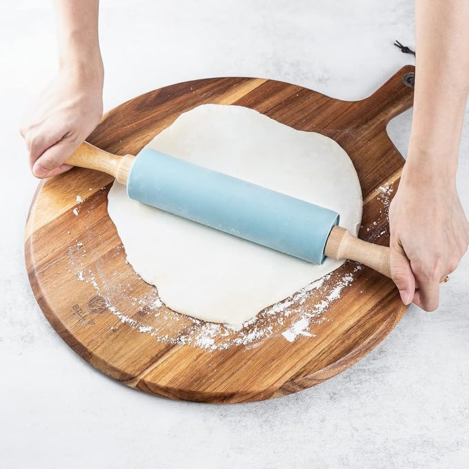 BILL.F Wood Pizza Peel 16 Inch,16" Acacia Wood Round Cutting Board with Handle Pizza Board for Kitchen Charcuterie Decorative Board