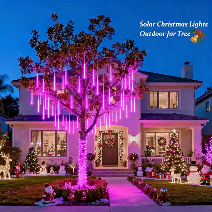 JMEXSUSS Pink Valentine Lights Outdoor, 8 Tube 144 LEDs Solar Meteor Shower Lights Outdoor, Solar Christmas Lights for Tree Eave Holiday Party Patio House Wedding Valentine's Day Decor
