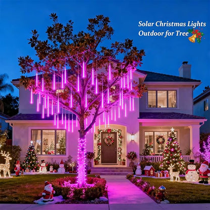 JMEXSUSS Pink Valentine Lights Outdoor, 8 Tube 144 LEDs Solar Meteor Shower Lights Outdoor, Solar Christmas Lights for Tree Eave Holiday Party Patio House Wedding Valentine's Day Decor