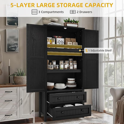 DWVO 64.5" Farmhouse Pantry Cabinet with 2 Drawers & Shelves, Oak Black | Tall Versatile Storage for Living Room, Dining Room, and Hallway