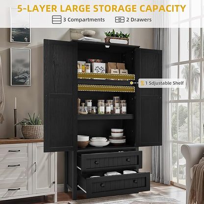 YITAHOME 64.5" Farmhouse Pantry Cabinet with 2 Drawers & Shelves, Oak Black | Tall Storage Cupboard for Living Room, Kitchen, and Hallway