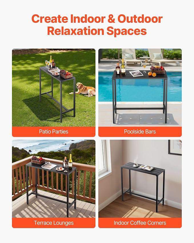 VEVOR Outdoor Bar Table, 39.4 x 15 in Patio Bar Table, Waterproof Top & Sturdy Metal Frame, Rectangle Counter Height Dining Tables, Outdoor Furniture for Balcony, Yard, Hot Tub, Poolside, Indoor | Waterproof Top, Sturdy Metal Frame, Counter Height Dini...