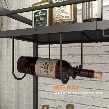 LAATOOREE Home Bar Serving Cart, Mobile Drink Beverage Cart with Two-Color Top Shelf, Rolling Kitchen Cart with Wine Holder and Glass Holder, for Dinning Room, Living Room, Kitchen
