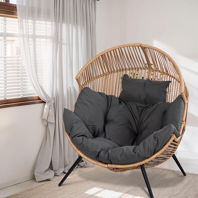 Shintenchi Wicker Egg Chair Rattan Patio Chair with Cushion, Oversized Patio Lounge Chairs Egg Basket Chair, Egg Seat for Indoor Living Room Bedroom Outside, Deep Grey