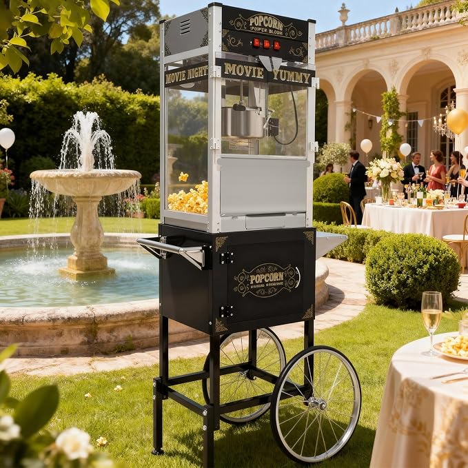 20 Oz Popcorn Machine with Cart, Vintage Movie Theater Style Pop Corn Popper with 16" Bicycle-Style Wheels & a Cabinet for Home Theater, Parties, Events, Black