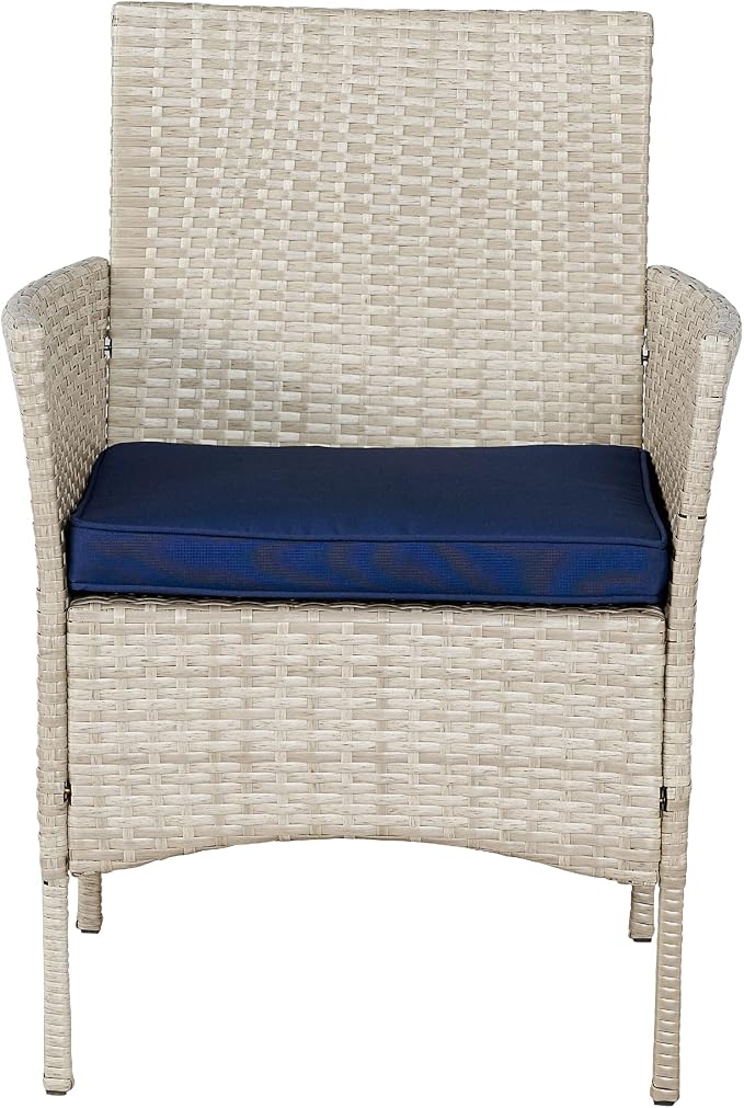 Outdoor Wicker Conversation 3 Piece Bistro Set Garden Patio Yard Porch Furniture Space Saving Pe Rattan 2 Chairs Cushions Side Storage Glass Table Stone Gray/Navy Blue 3pc