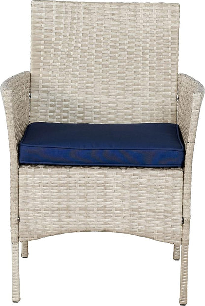 Outdoor Wicker Conversation 3 Piece Bistro Set Garden Patio Yard Porch Furniture Space Saving Pe Rattan 2 Chairs Cushions Side Storage Glass Table Stone Gray/Navy Blue 3pc
