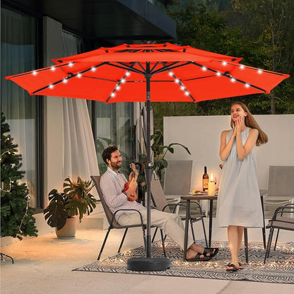 JEAREY 3 Tiers Patio Umbrella with Solar Lights 9ft Outdoor Market Table Umbrellas with Push Button Tilt for Outside Pool Garden, Orange | Solar Market Table Umbrella with 8 Sturdy Ribs, UV Protection Waterproof Sunproof for Garden, Deck and Backyard