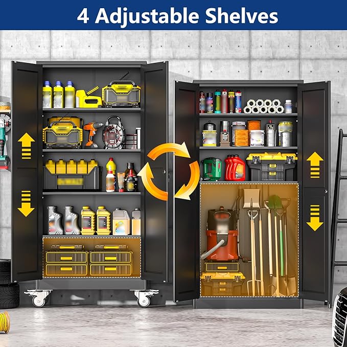 Ckzbx Metal Garage Storage Cabinet with Locking Doors and Adjustable Shelves,71" H Steel File Cabinet with Wheels for Garage,Office (Black)