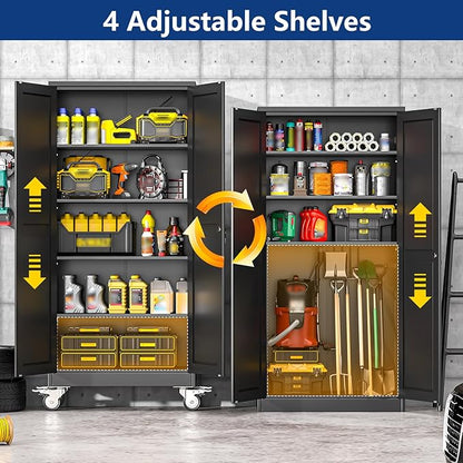 Ckzbx Metal Garage Storage Cabinet with Locking Doors and Adjustable Shelves,71" H Steel File Cabinet with Wheels for Garage,Office (Black)