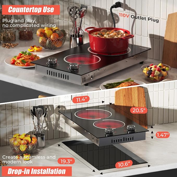 2 Burner Electric Cooktop 110V 2000W Countertop or Built-in | 12 Inch Plug in Two Burner Electric Stove 120V Portable, Knob Control, 9 Power Levels and Overheat Protection, Silver Knob