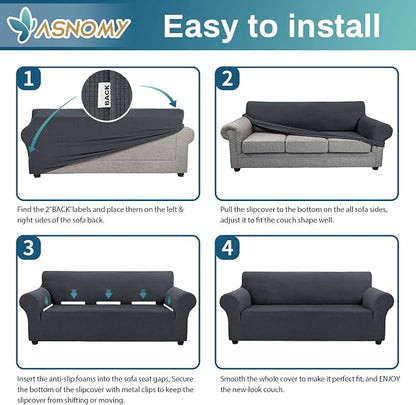Asnomy Stretch Oversized Couch Covers for Sofa Slipcover,Charcoal Ash | 1-Piece Sofa Covers Washable(94"-110") 4-Seater Furniture Protector with Non Skid Foam and Elastic Bottom for Kids, Pets