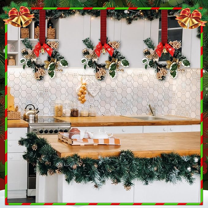 Zeyune 6 Pcs Small Christmas Wreaths for Kitchen Cabinets with Plaid Bow Ribbon Hanging Mini Christmas Cabinet Door Wreaths Decor for Kitchen Window Outdoor Indoor Holiday Decor, 14.96 x 7.87''