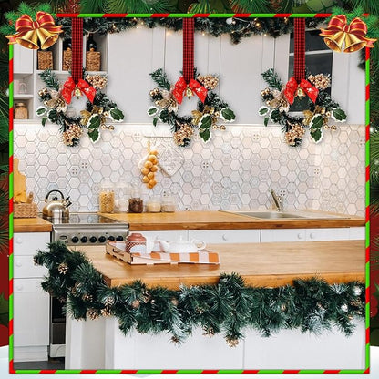 Zeyune 6 Pcs Small Christmas Wreaths for Kitchen Cabinets with Plaid Bow Ribbon Hanging Mini Christmas Cabinet Door Wreaths Decor for Kitchen Window Outdoor Indoor Holiday Decor, 14.96 x 7.87''