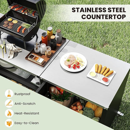 Happygrill 80” Outdoor Grill Table with Sink & Drainage, Heavy Duty Metal Grill Cart w/Cabinet & Removable Stainless Steel Top, Portable Prep Cooking Table w/Wheels for BBQ, Patio, Camping & Backyard
