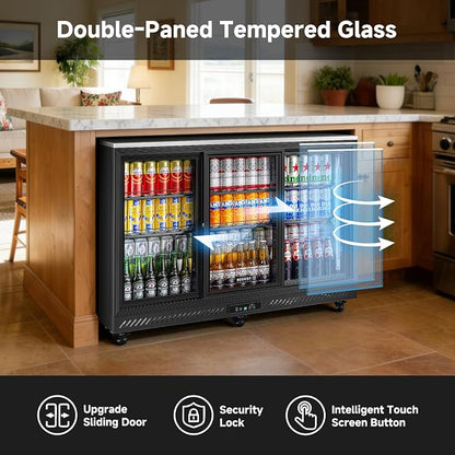 BODEGACOOLER 12 Cu.Ft Back Bar Cooler, 3 Sliding Glass Doors, 6 Castes | Commercial beverage refrigerator for beer and soda with Stainless Steel Top, 6 adjustable shelves, LED lighting, 32°F-50°F