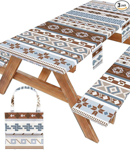 Fitted Picnic Table Cover with Bench Covers Fitted Rectangle Table Cloth Tablecloth Camping Gear Essentials Rv Accessories Road Trip Supplies Car Travel Must Have 8 Ft Foot Feet 96in Boho Bohemian