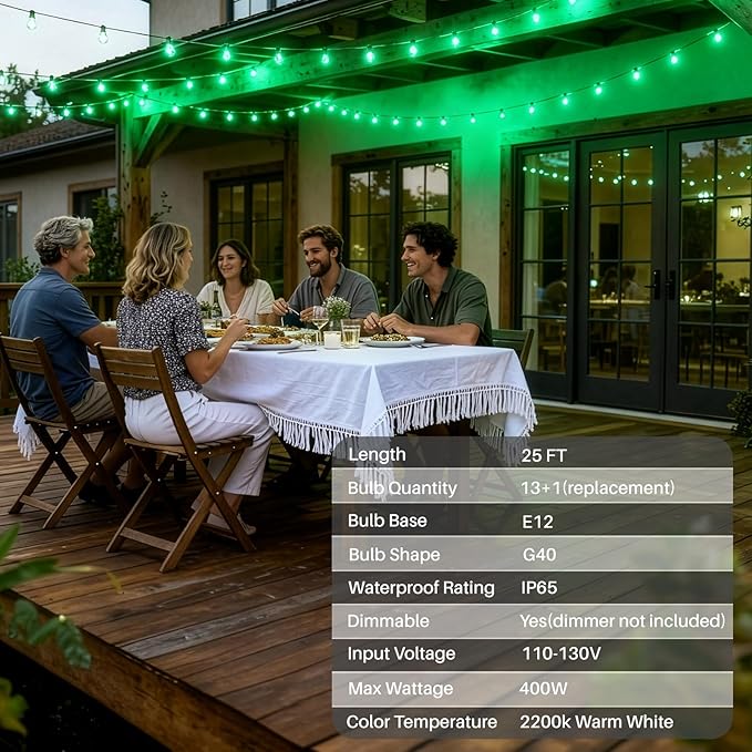 25 FT Green Outdoor String Lights G40 Globe Shatterproof Patio Lights,13 Plastic Edison Bulbs(1 Spare) IP65 Waterproof Dimmable LED Bulbs for Backyard Porch Balcony Party Decor, E12 Base