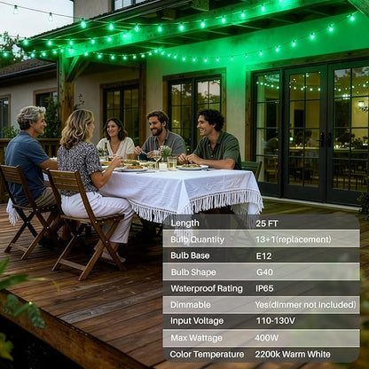 25 FT Green Outdoor String Lights G40 Globe Shatterproof Patio Lights,13 Plastic Edison Bulbs(1 Spare) IP65 Waterproof Dimmable LED Bulbs for Backyard Porch Balcony Party Decor, E12 Base