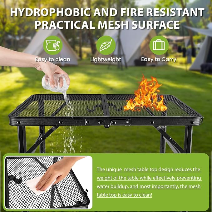 GDDGHS 2x1.3 FT Folding Camping Table Foldable Grill Table for Outdoor BBQ, Metal Portable Camping Grill Stand with Mesh Desktop, Adjustable Height Lightweight BBQ Tables Black