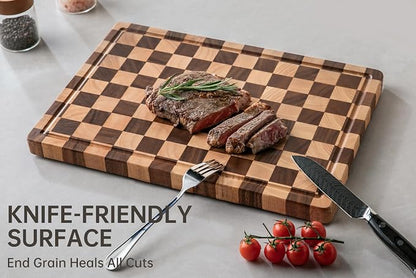 Cutting Boards for Kitchen, Checkered Cutting Board Upgraded, Acacia Wood Chopping Board with Juice Grooves & Handles, Large Butcher Block Serving Tray with Gift Box, 17"X12"X0.8"