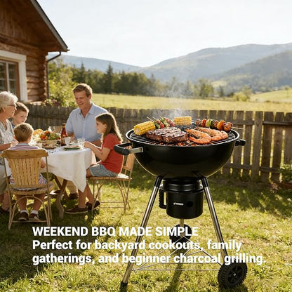 18-Inch Kettle Charcoal Grill with Cover & Wheels | Easy Assembly, Built-in Thermometer, Removable Ash Catcher, Perfect for Backyard BBQ, Patio & Family Cookouts