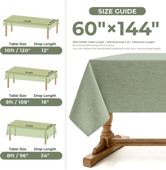 Faux Linen Farmhouse Table Cloth 60"x144" for 10 ft Rectangle Table, Sage Green Waterproof Outdoor Washable Cloth Tablecloth for Rectangular Dining Room Kitchen Outdoor Party Restaurant Table