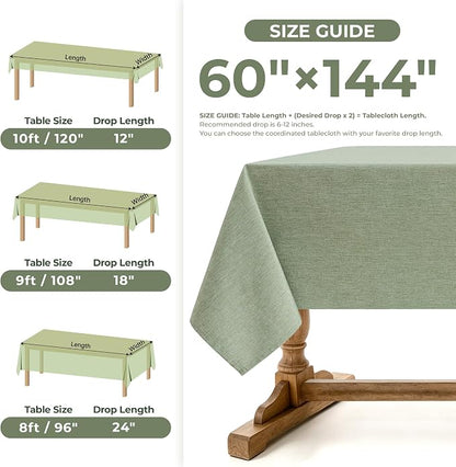 Faux Linen Farmhouse Table Cloth 60"x144" for 10 ft Rectangle Table, Sage Green Waterproof Outdoor Washable Cloth Tablecloth for Rectangular Dining Room Kitchen Outdoor Party Restaurant Table