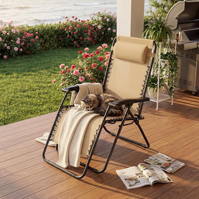Alpen Set of 2 Outdoor Camping Chairs, Lounge Zero Gravity Chair, Khaki | Outdoor Chaise Lounge Chairs, Foldable Tanning Chair with Cup Holder for Poolside Patio Backyard Outdoor Camping