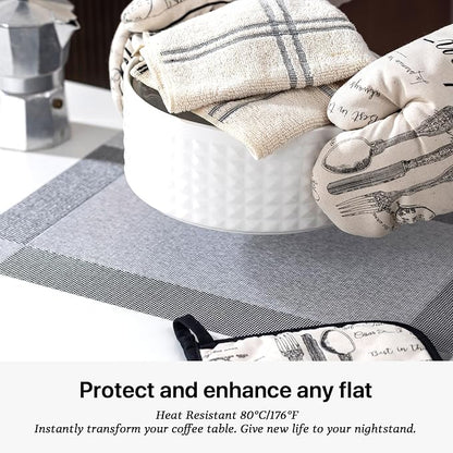 LEXMORE Placemats Set of 8 Vinyl/Plastic Woven Place Mats for Kitchen Table Indoor/Outdoor Washable Placemat Wipeable Dining Table Mats(Silver Cube)