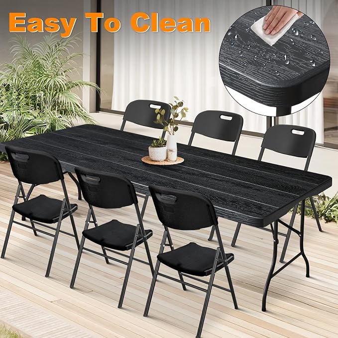 6ft Folding Table, Portable Heavy Duty Plastic Fold-in-Half Utility Table for Indoor/Outdoor Use, Dining, Camping, Picnic, Party, Black Woodgrain